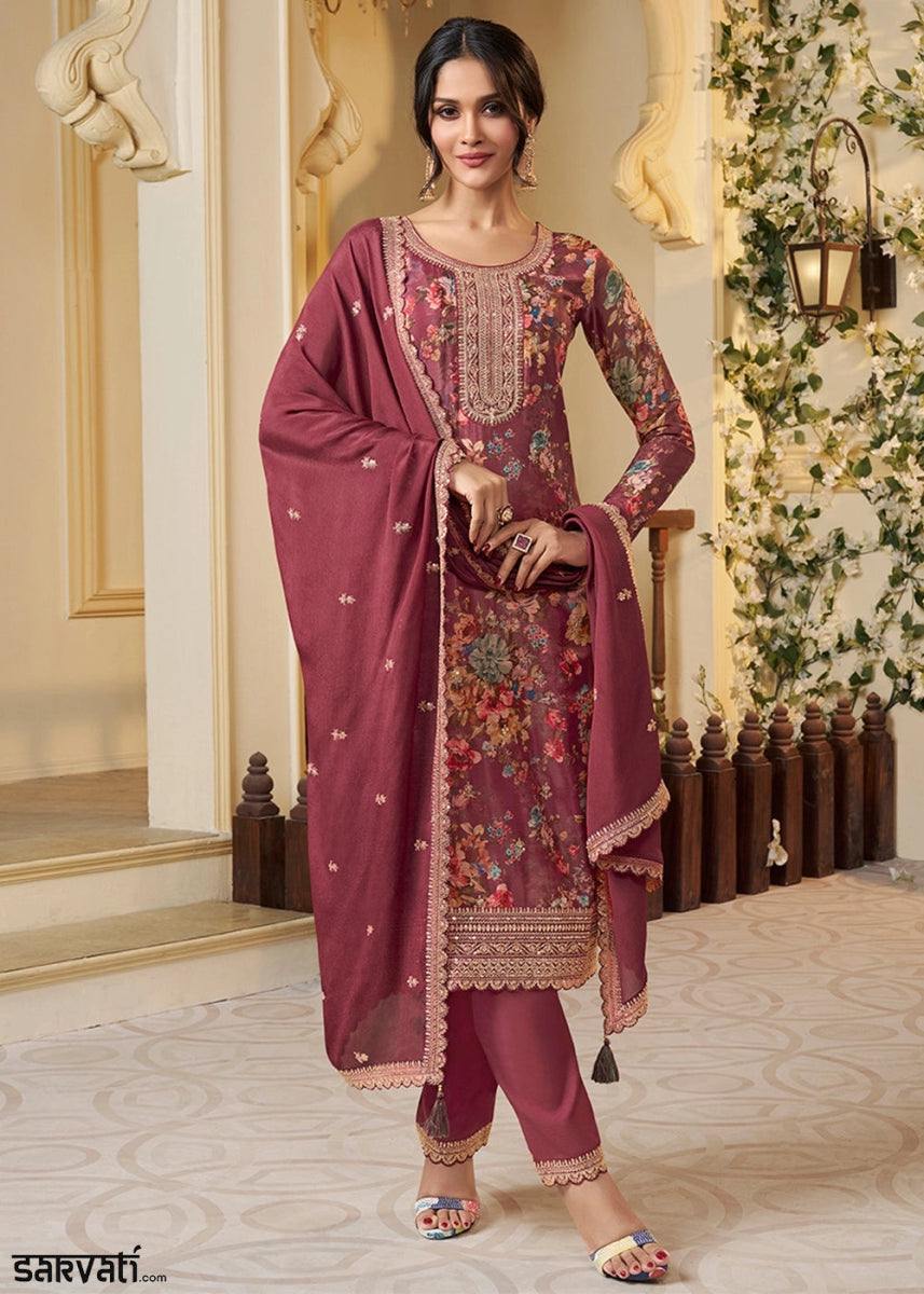 Chestnut Brown Chinon Silk Floral Printed Salwar Suit with Butti & Sequin Embroidery - House of Sarvati LLC