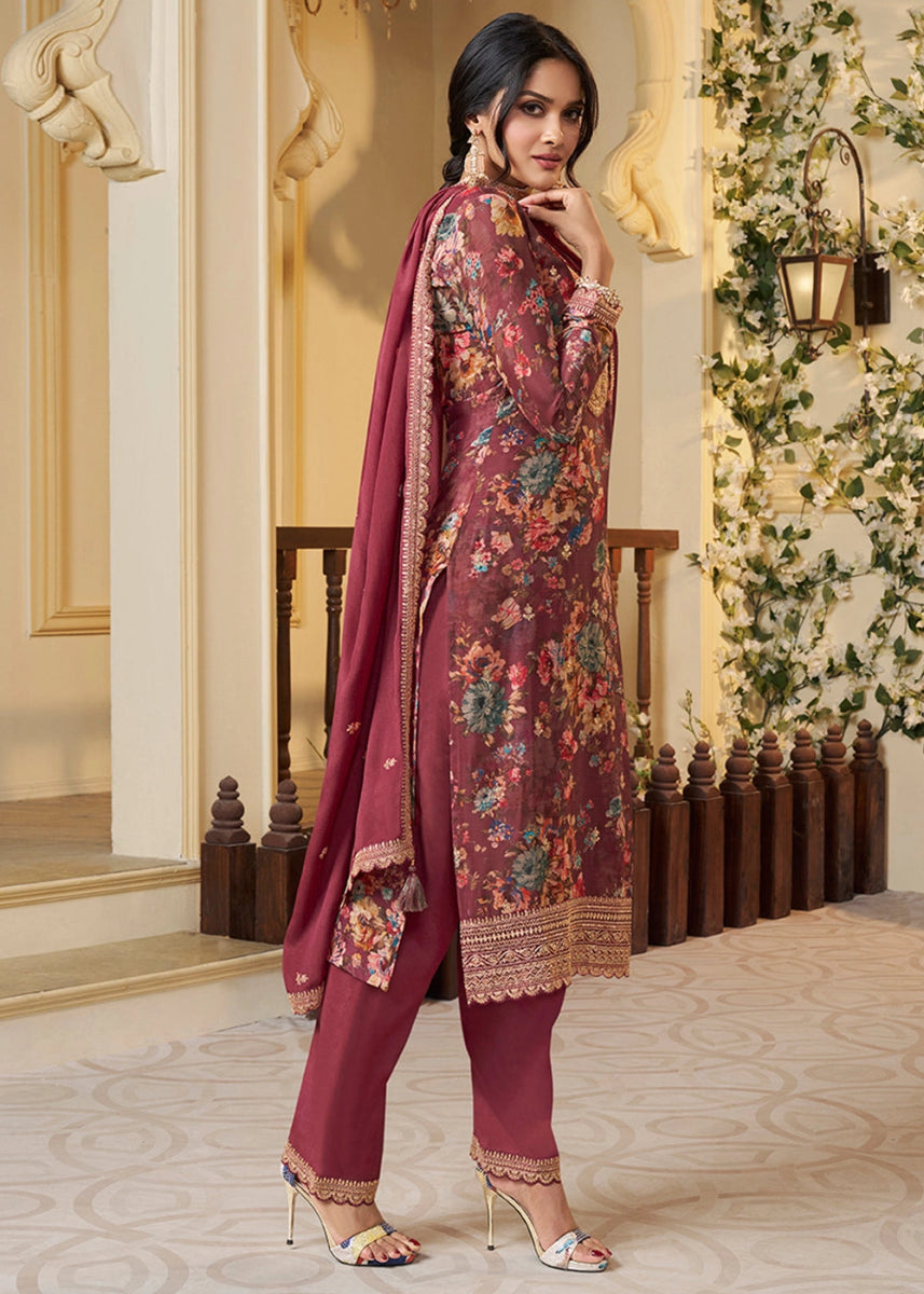 Chestnut Brown Chinon Silk Floral Printed Salwar Suit with Butti & Sequin Embroidery - House of Sarvati LLC