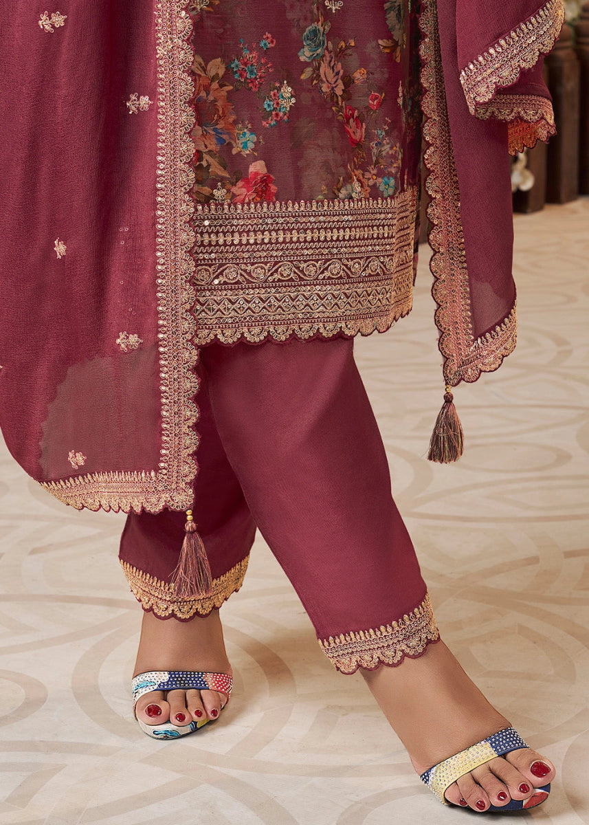 Chestnut Brown Chinon Silk Floral Printed Salwar Suit with Butti & Sequin Embroidery - House of Sarvati LLC