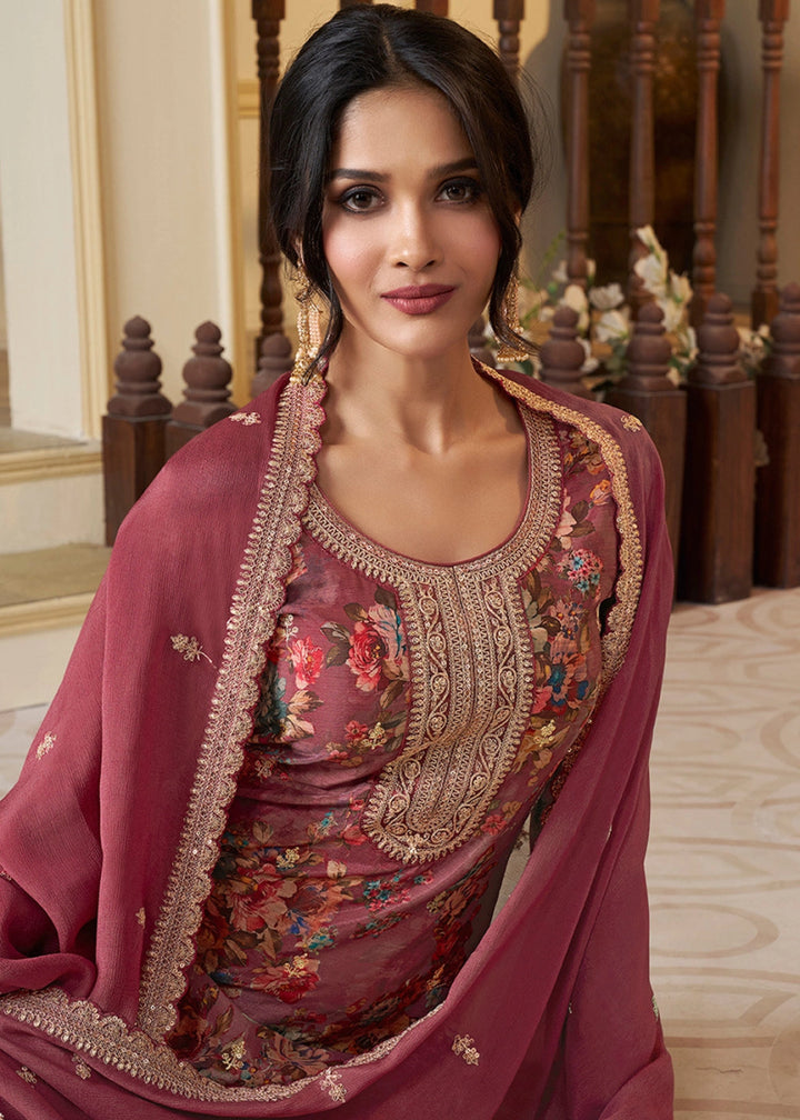 Chestnut Brown Chinon Silk Floral Printed Salwar Suit with Butti & Sequin Embroidery - House of Sarvati LLC