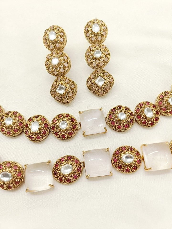 Chhaya Pink Antique Necklace Set - House of Sarvati LLC