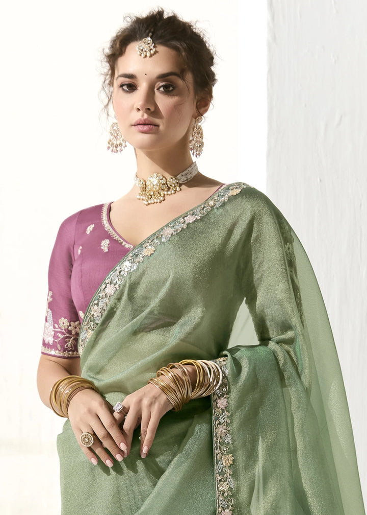 Chinoise Green Designer Tissue Organza Saree With All - Over Buttas And Hand Embroidered Blouse - House of Sarvati LLC
