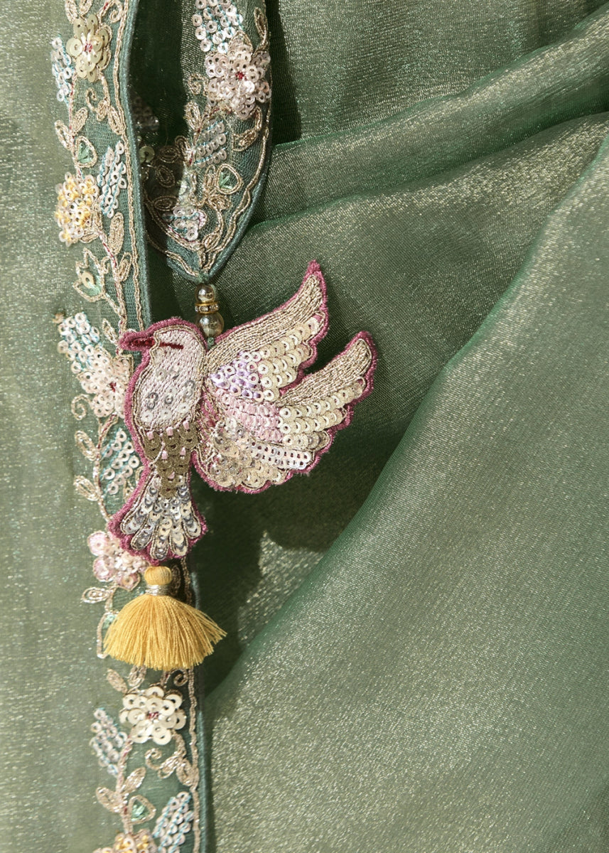 Chinoise Green Designer Tissue Organza Saree With All - Over Buttas And Hand Embroidered Blouse - House of Sarvati LLC