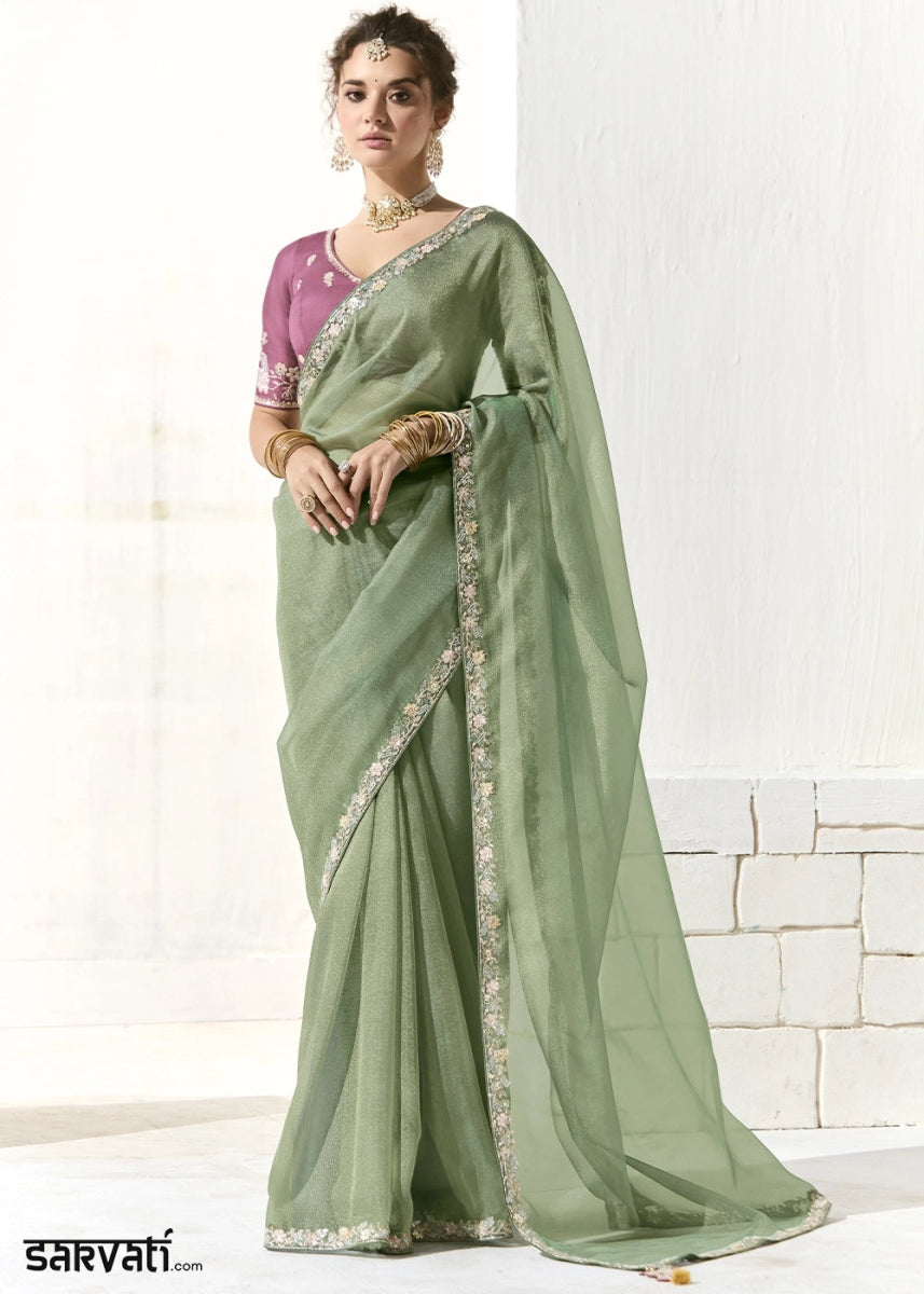 Chinoise Green Designer Tissue Organza Saree With All - Over Buttas And Hand Embroidered Blouse - House of Sarvati LLC