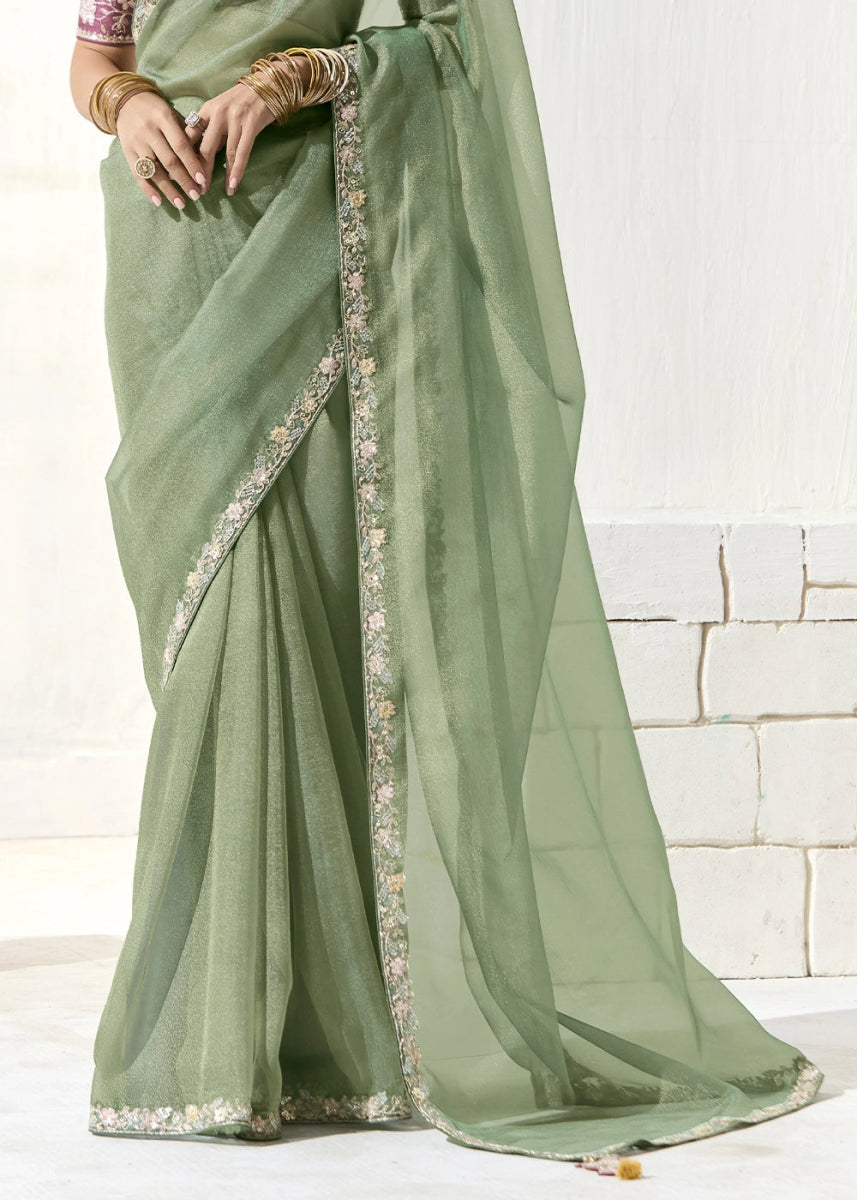 Chinoise Green Designer Tissue Organza Saree With All - Over Buttas And Hand Embroidered Blouse - House of Sarvati LLC