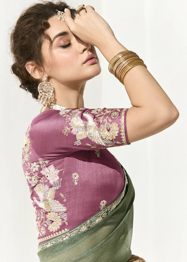 Chinoise Green Designer Tissue Organza Saree With All - Over Buttas And Hand Embroidered Blouse - House of Sarvati LLC