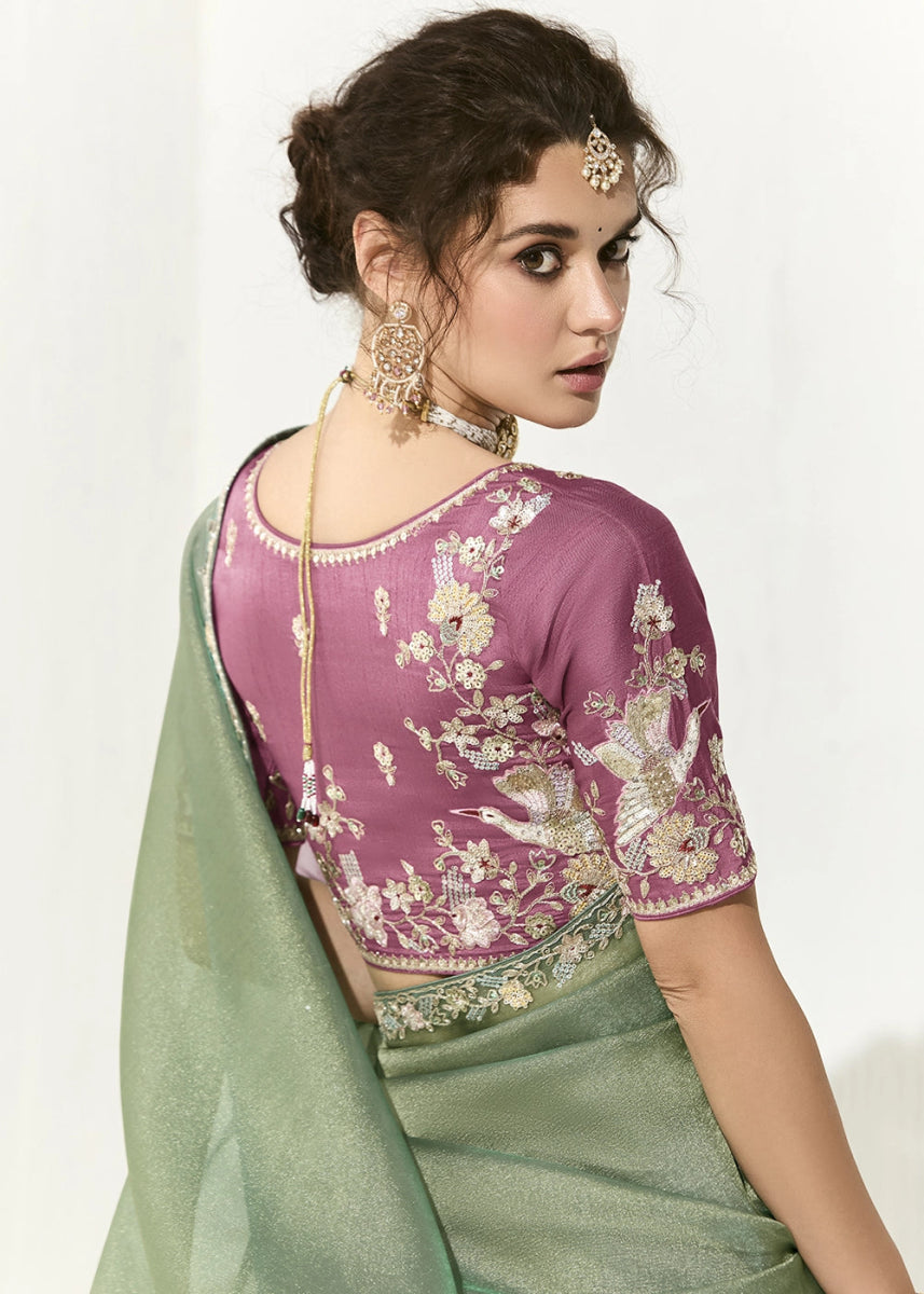 Chinoise Green Designer Tissue Organza Saree With All - Over Buttas And Hand Embroidered Blouse - House of Sarvati LLC