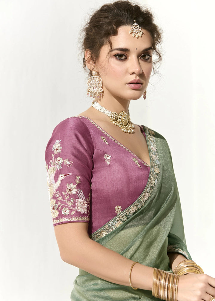 Chinoise Green Designer Tissue Organza Saree With All - Over Buttas And Hand Embroidered Blouse - House of Sarvati LLC