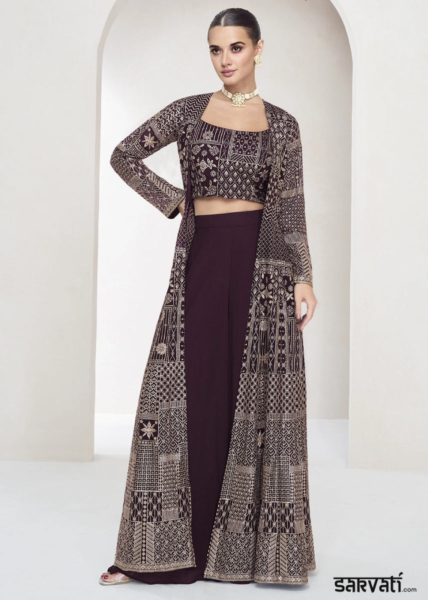 Chocolate Brown Palazzo and Top Set in Georgette with Full Embroidery Jacket - House of Sarvati LLC