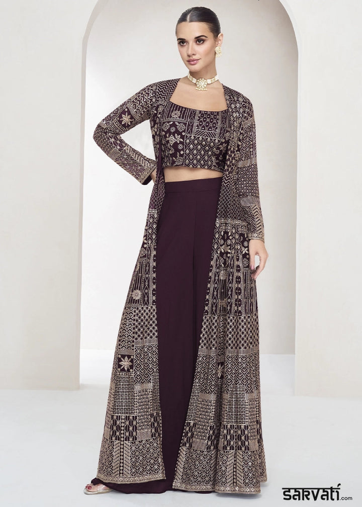 Chocolate Brown Palazzo and Top Set in Georgette with Full Embroidery Jacket - House of Sarvati LLC