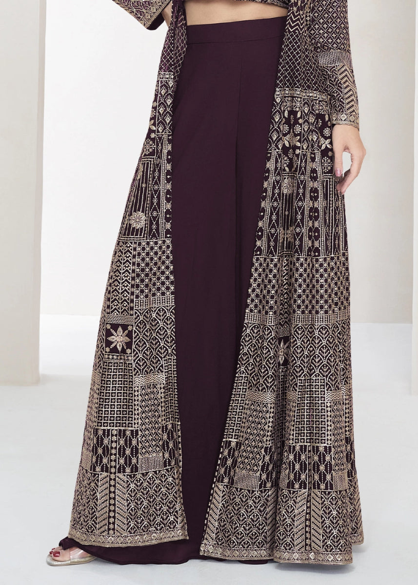 Chocolate Brown Palazzo and Top Set in Georgette with Full Embroidery Jacket - House of Sarvati LLC