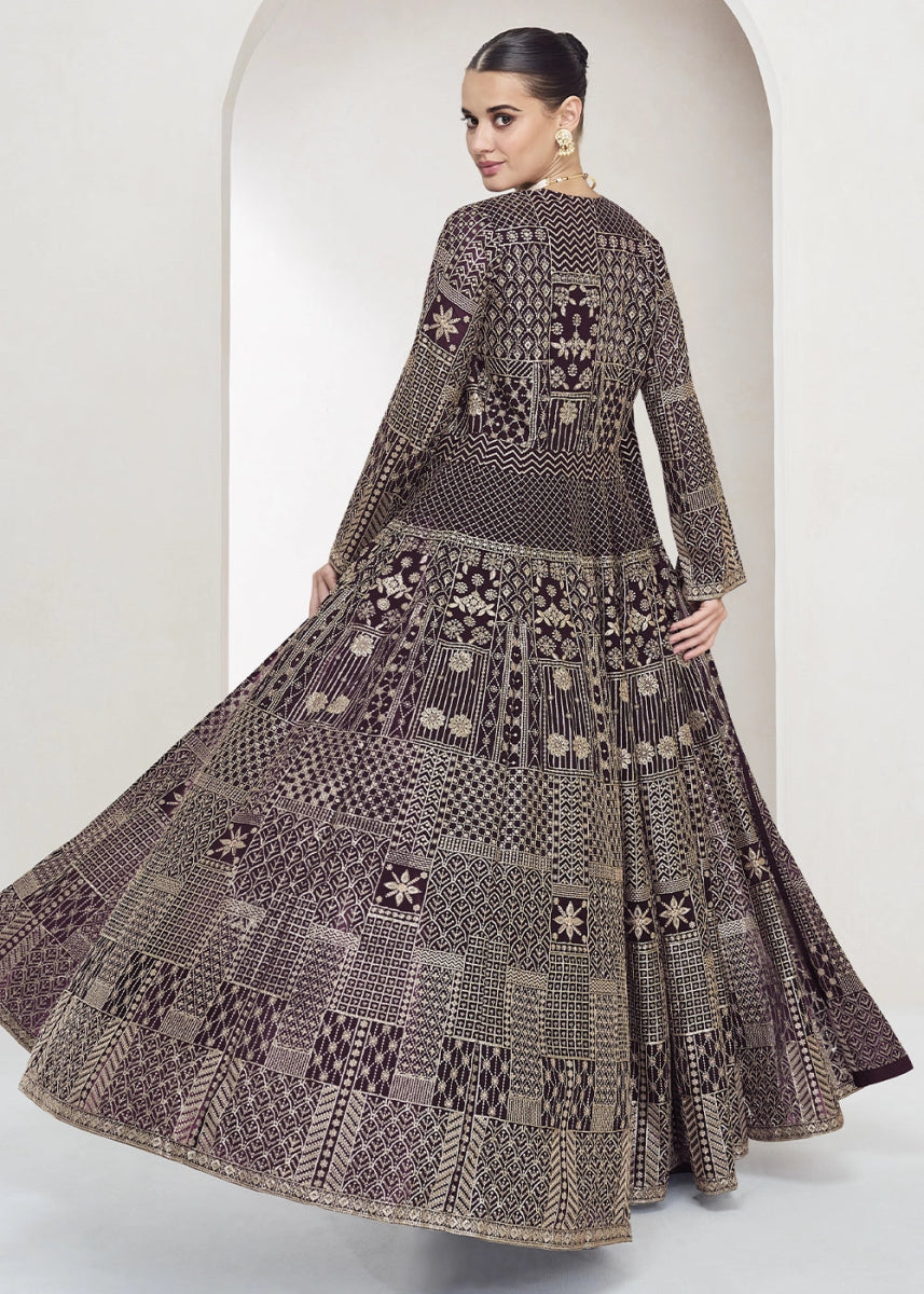Chocolate Brown Palazzo and Top Set in Georgette with Full Embroidery Jacket - House of Sarvati LLC