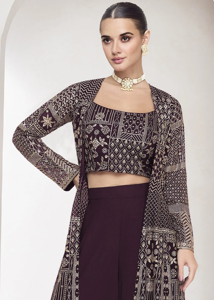 Chocolate Brown Palazzo and Top Set in Georgette with Full Embroidery Jacket - House of Sarvati LLC