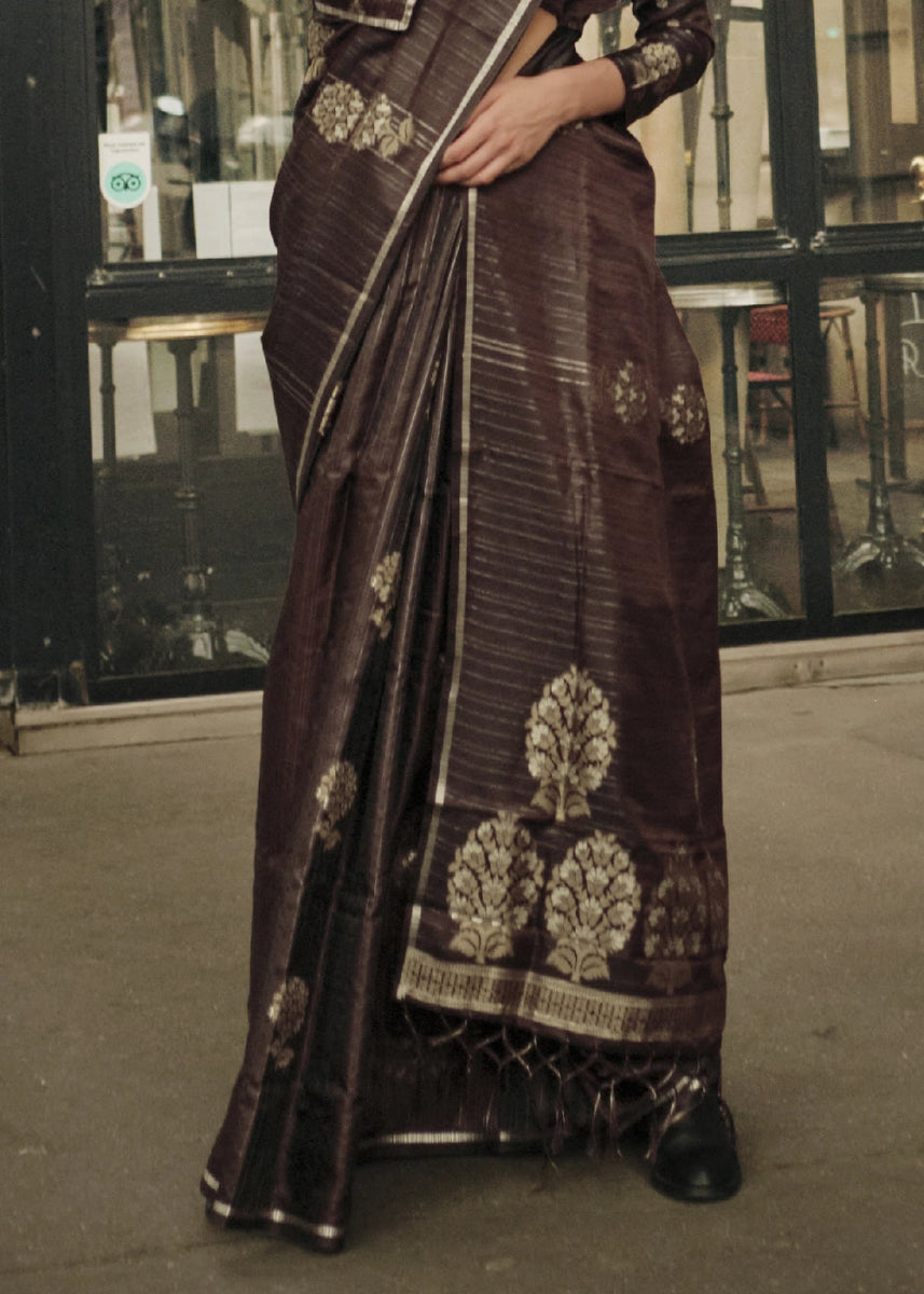 Chocolate Brown Zari Woven Saree In Soft Satin Silk With Luxe Finish - House of Sarvati LLC