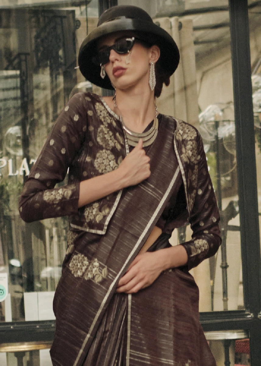 Chocolate Brown Zari Woven Saree In Soft Satin Silk With Luxe Finish - House of Sarvati LLC