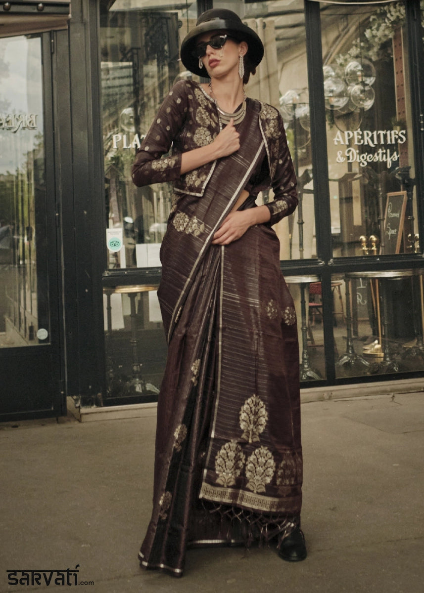 Chocolate Brown Zari Woven Saree In Soft Satin Silk With Luxe Finish - House of Sarvati LLC