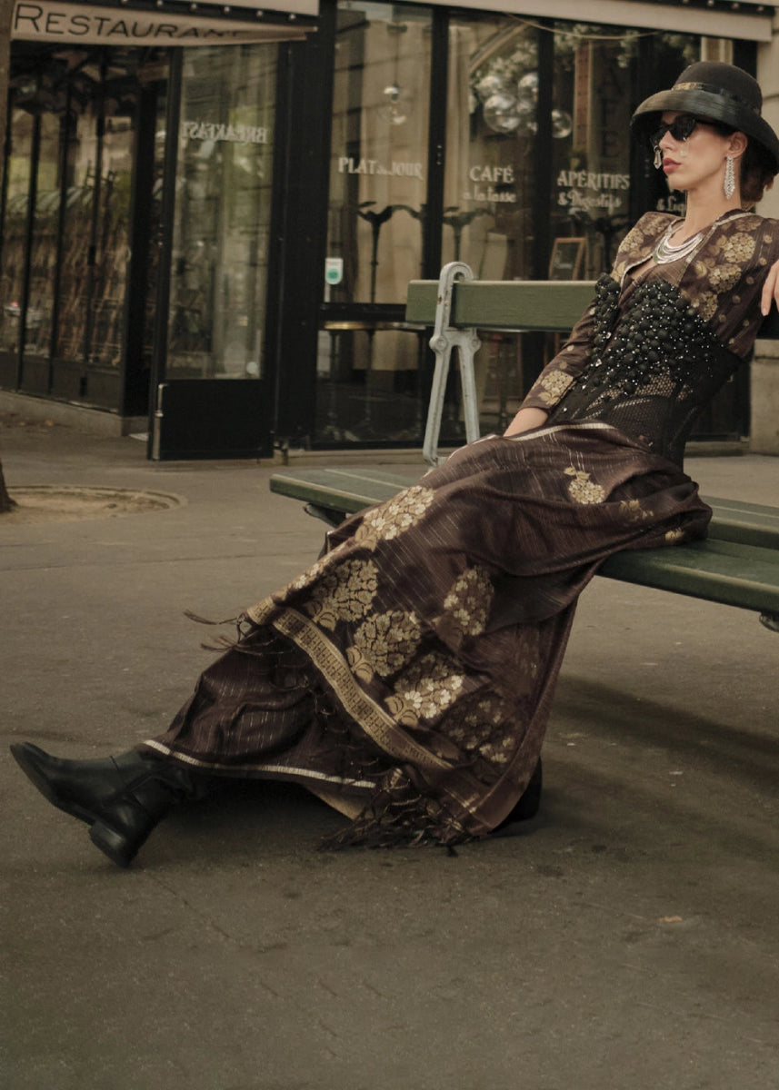 Chocolate Brown Zari Woven Saree In Soft Satin Silk With Luxe Finish - House of Sarvati LLC