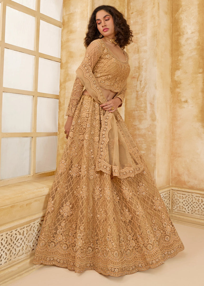 Cider Brown Net Lehenga Choli with Handcrafted Cording, Thread, and Stone Work - House of Sarvati LLC