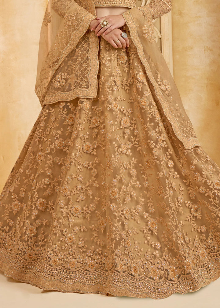 Cinnamon Brown Net Lehenga Choli with Handcrafted Cording, Thread, and Stone Work - House of Sarvati LLC