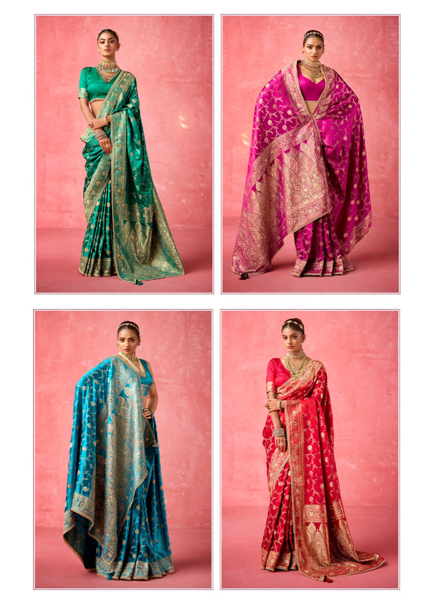Classic Radiance - Satin Katan Saree (Set of 4) - House of Sarvati LLC