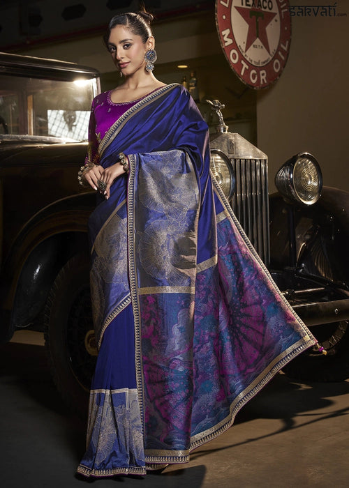 Cobalt Blue Banarasi Silk Saree with Artistic Woven Pallu & Embellished Blouse