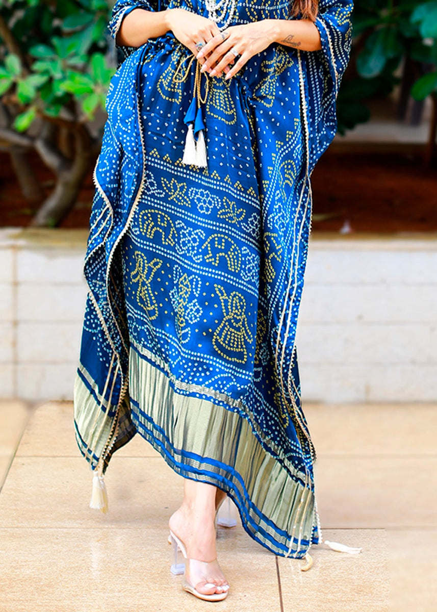 Cobalt Blue Gaji Silk Kaftan with Gota Patti Lace and All - Over Bandhani Digital Print - House of Sarvati LLC
