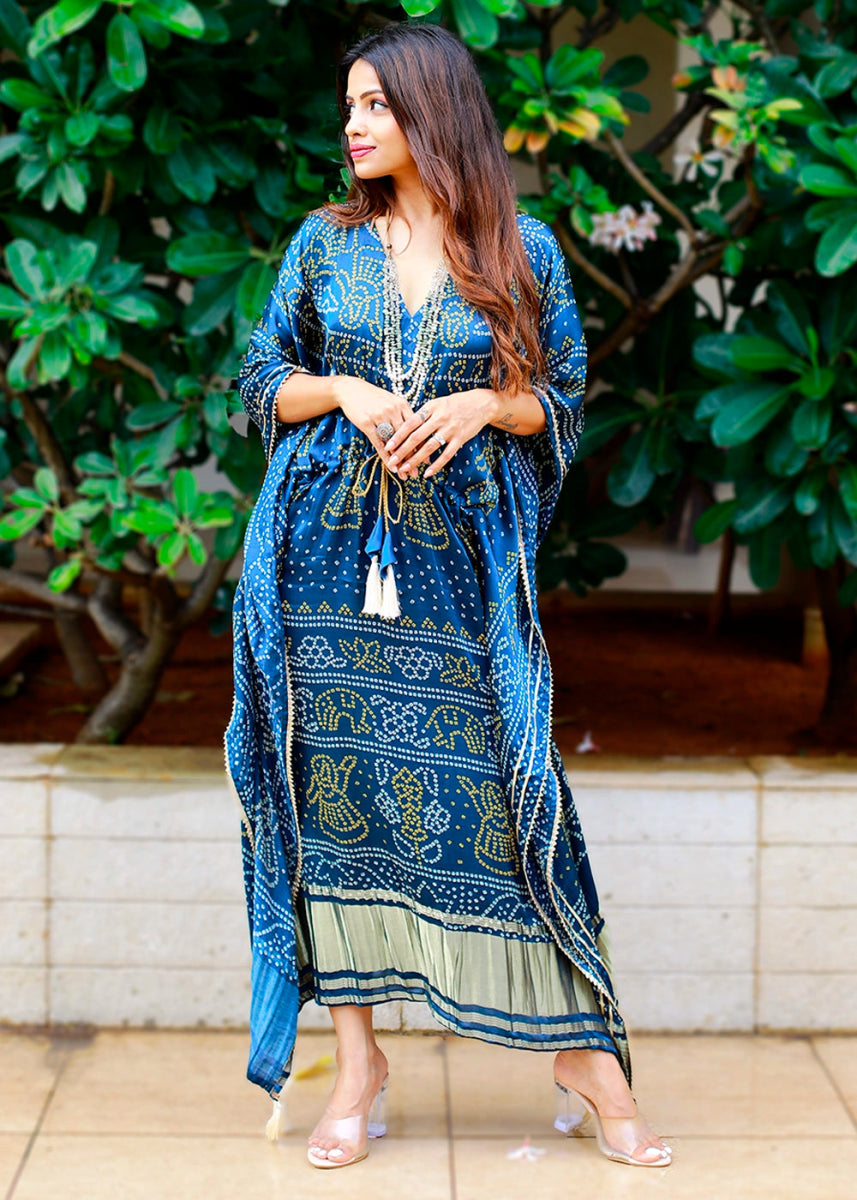 Cobalt Blue Gaji Silk Kaftan with Gota Patti Lace and All - Over Bandhani Digital Print - House of Sarvati LLC