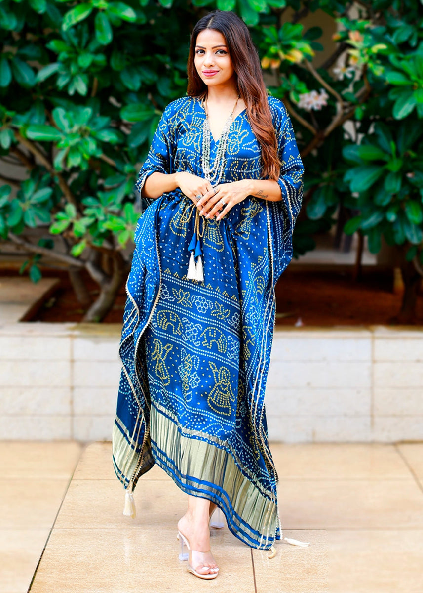 Cobalt Blue Gaji Silk Kaftan with Gota Patti Lace and All - Over Bandhani Digital Print - House of Sarvati LLC