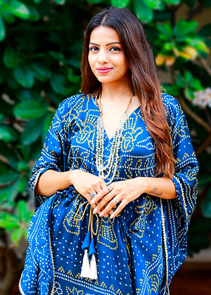 Cobalt Blue Gaji Silk Kaftan with Gota Patti Lace and All - Over Bandhani Digital Print - House of Sarvati LLC