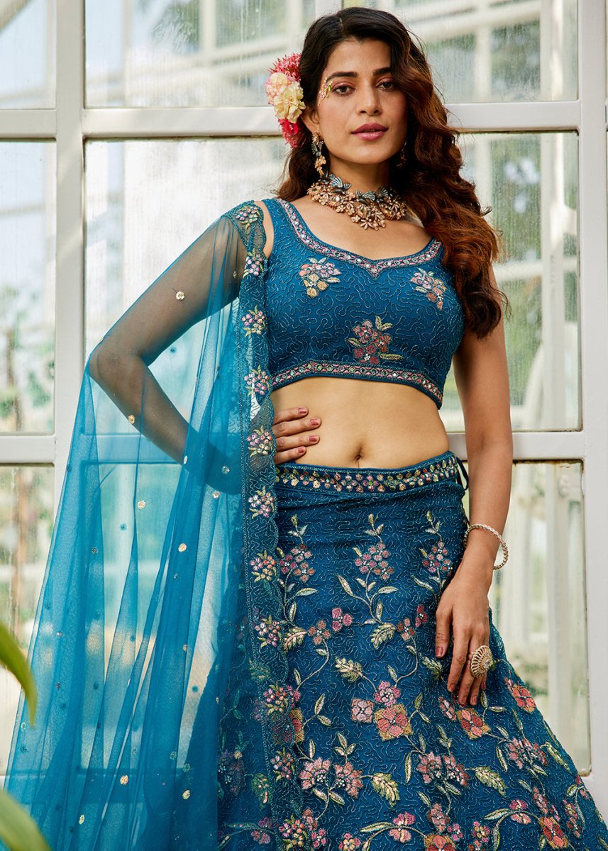 Cobalt Blue Net Lehenga Choli with Coding & Zarkan Work - House of Sarvati LLC