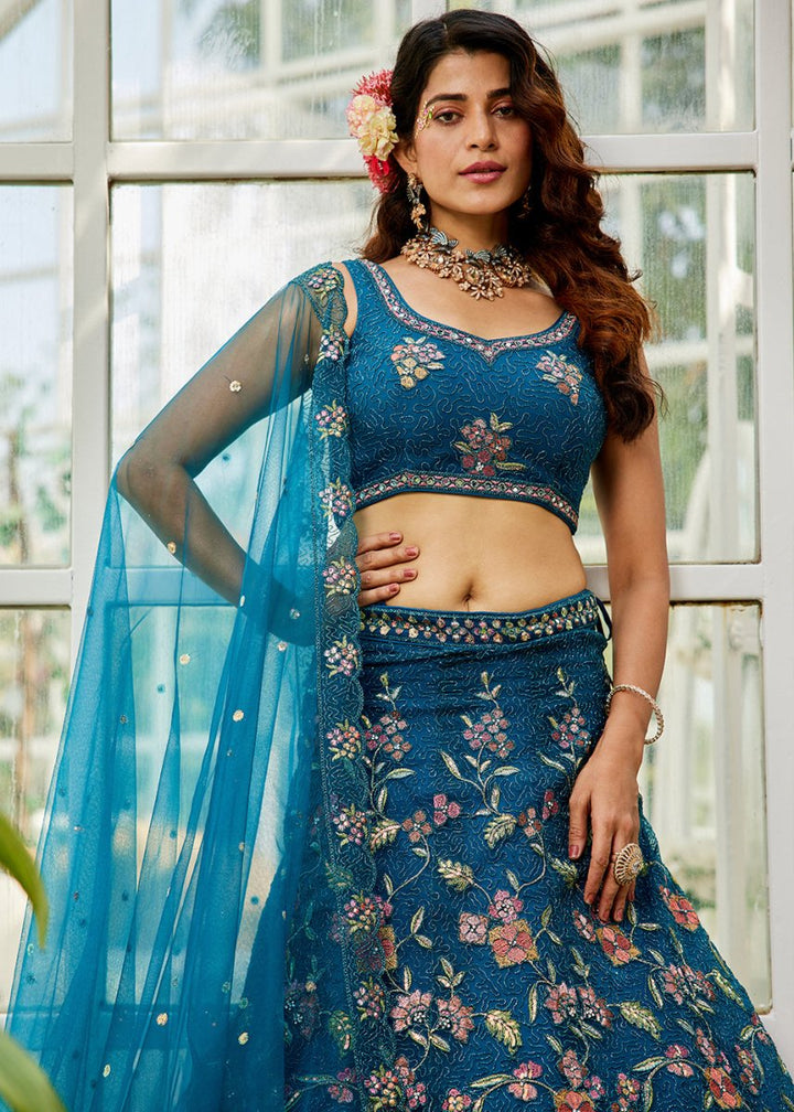 Cobalt Blue Net Lehenga Choli with Coding & Zarkan Work - House of Sarvati LLC