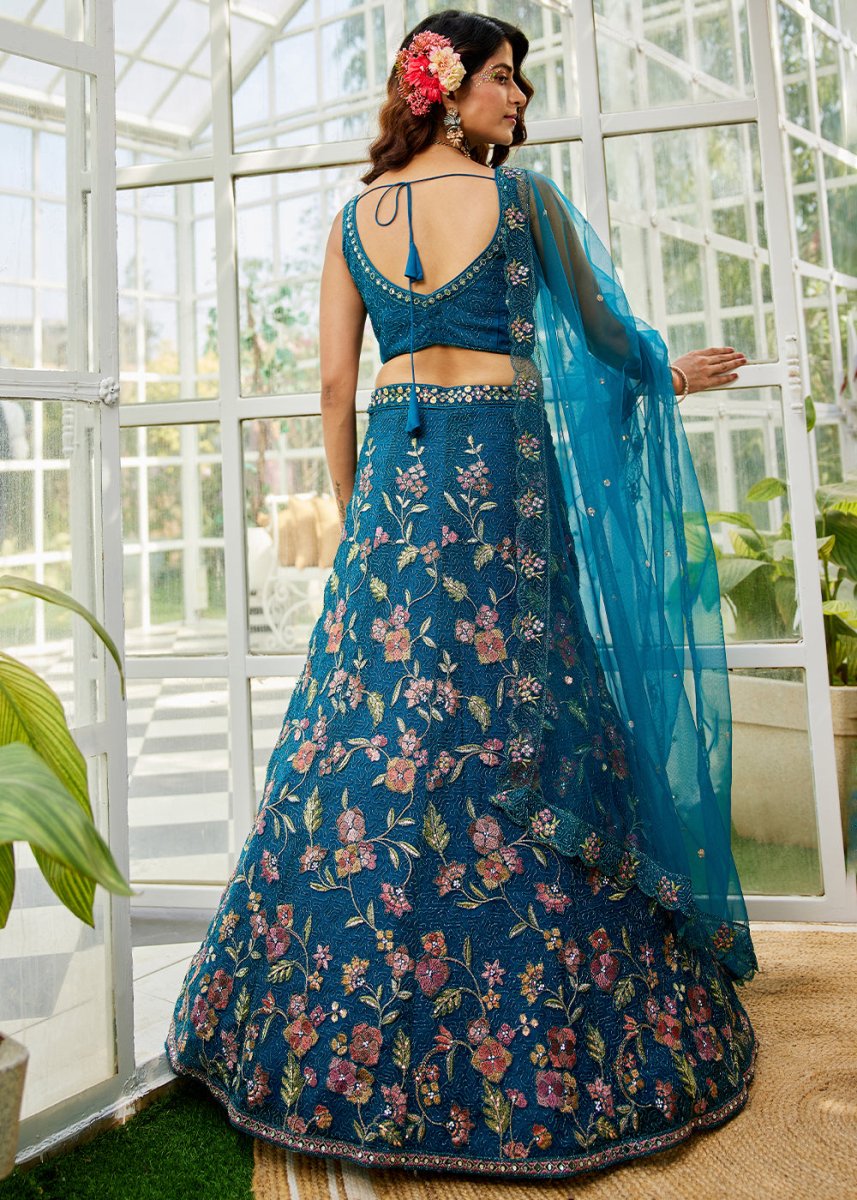Cobalt Blue Net Lehenga Choli with Coding & Zarkan Work - House of Sarvati LLC