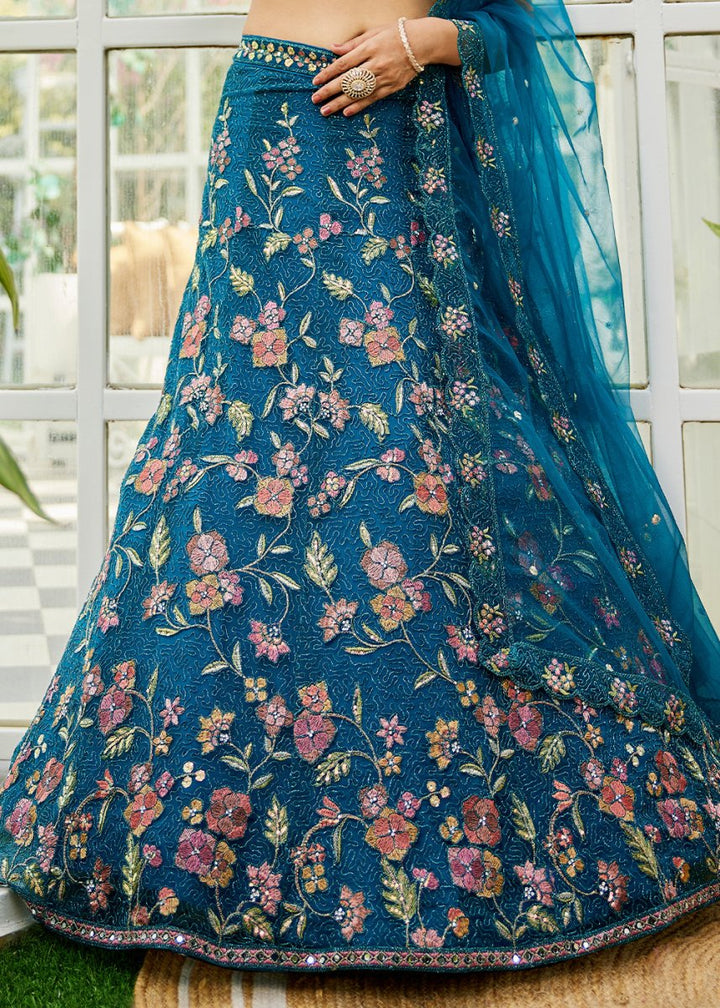 Cobalt Blue Net Lehenga Choli with Coding & Zarkan Work - House of Sarvati LLC