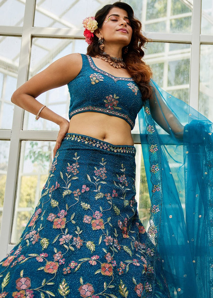 Cobalt Blue Net Lehenga Choli with Coding & Zarkan Work - House of Sarvati LLC