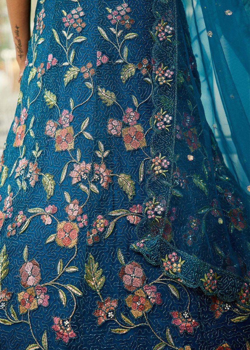 Cobalt Blue Net Lehenga Choli with Coding & Zarkan Work - House of Sarvati LLC