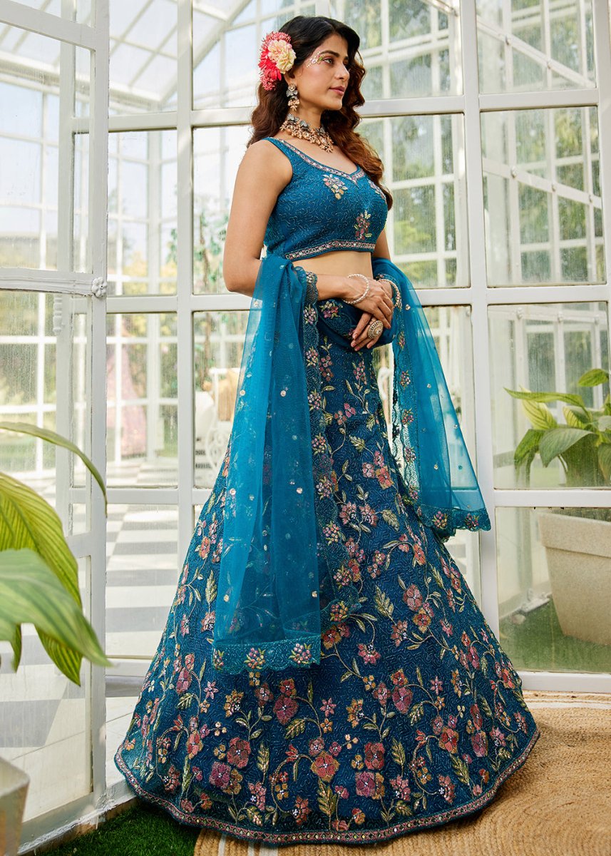 Cobalt Blue Net Lehenga Choli with Coding & Zarkan Work - House of Sarvati LLC
