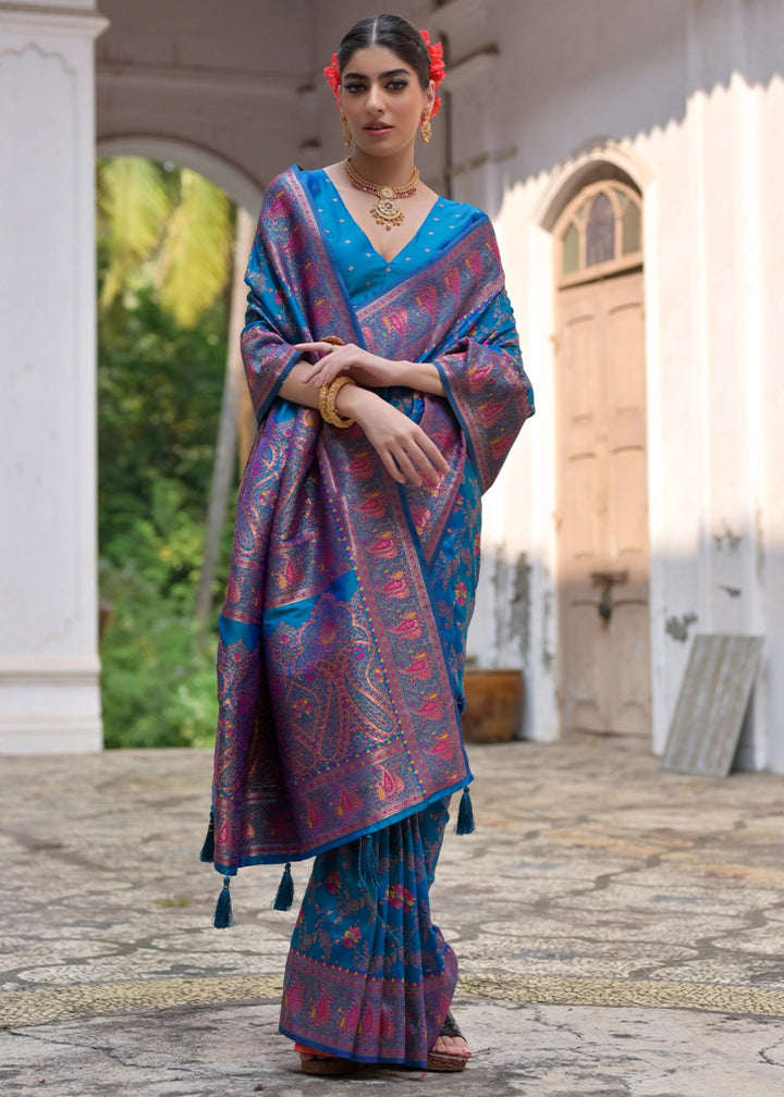 Cobalt Blue Silk Saree with Intricate Threadwork Floral Jaal - House of Sarvati LLC