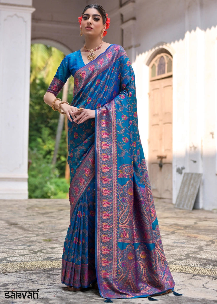 Cobalt Blue Silk Saree with Intricate Threadwork Floral Jaal - House of Sarvati LLC