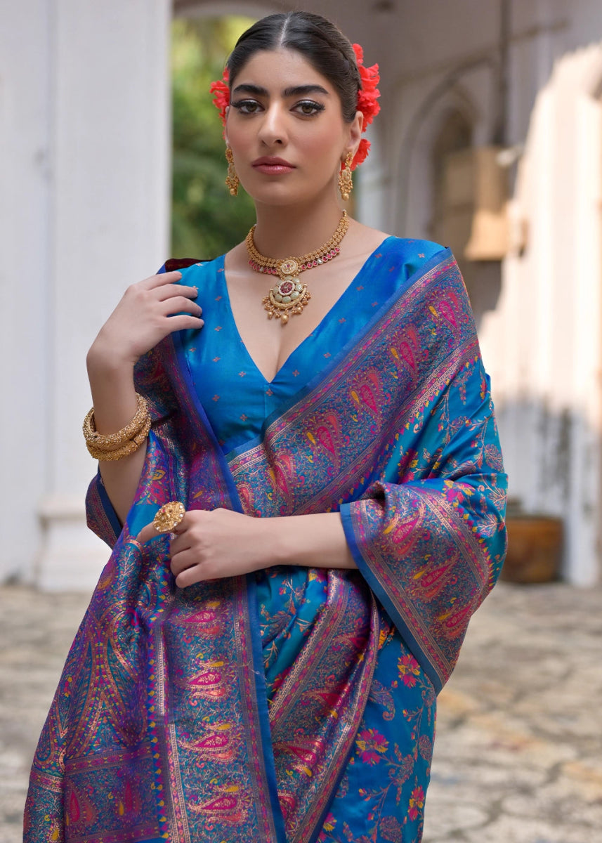 Cobalt Blue Silk Saree with Intricate Threadwork Floral Jaal - House of Sarvati LLC