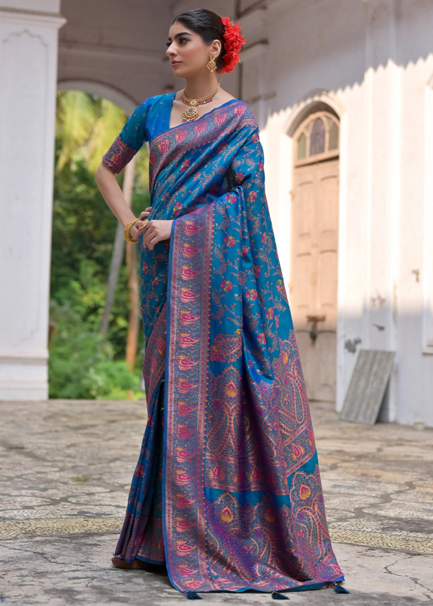 Cobalt Blue Silk Saree with Intricate Threadwork Floral Jaal - House of Sarvati LLC