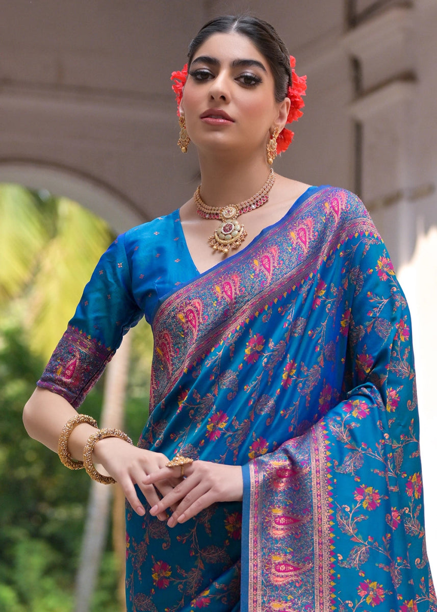 Cobalt Blue Silk Saree with Intricate Threadwork Floral Jaal - House of Sarvati LLC