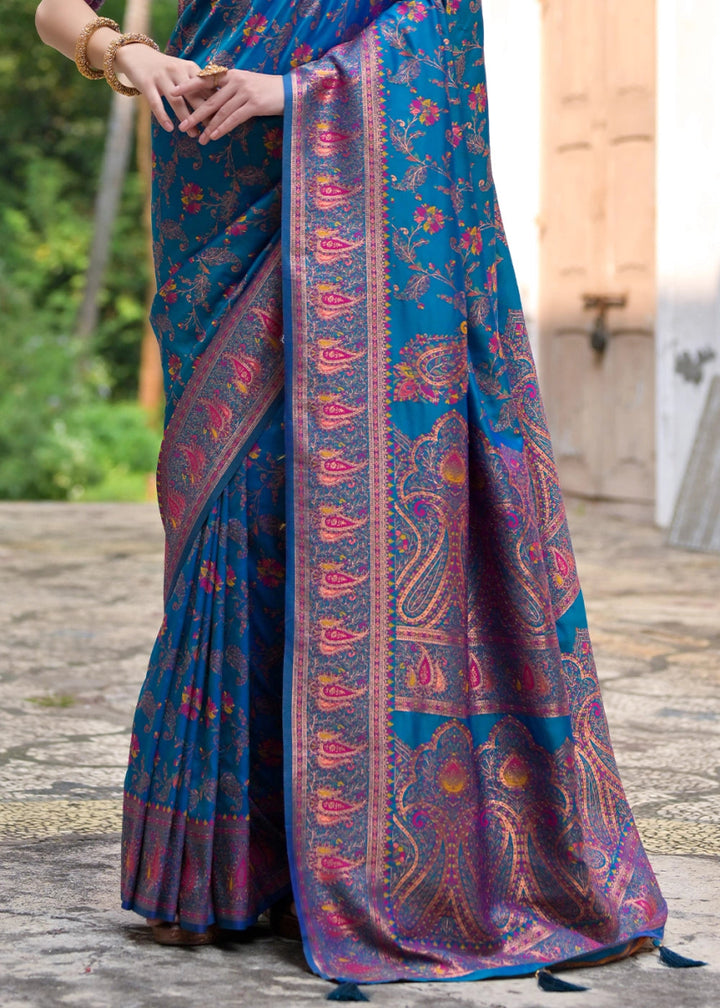 Cobalt Blue Silk Saree with Intricate Threadwork Floral Jaal - House of Sarvati LLC