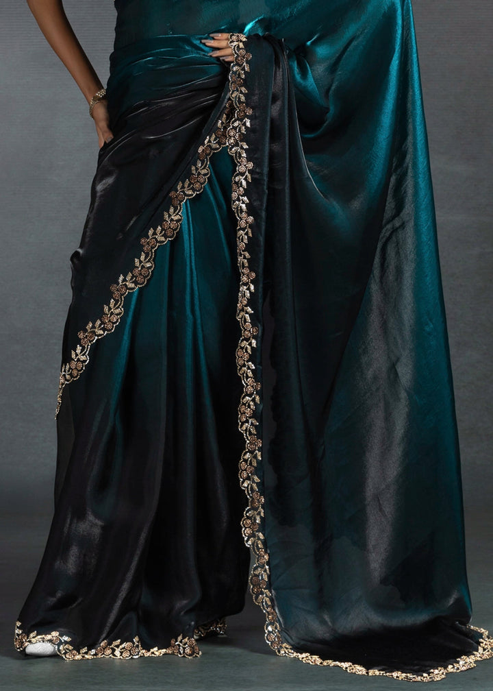 Cobalt Blue Two Tone Satin Silk Saree with Intricate Zarkan & cut work Border - House of Sarvati LLC