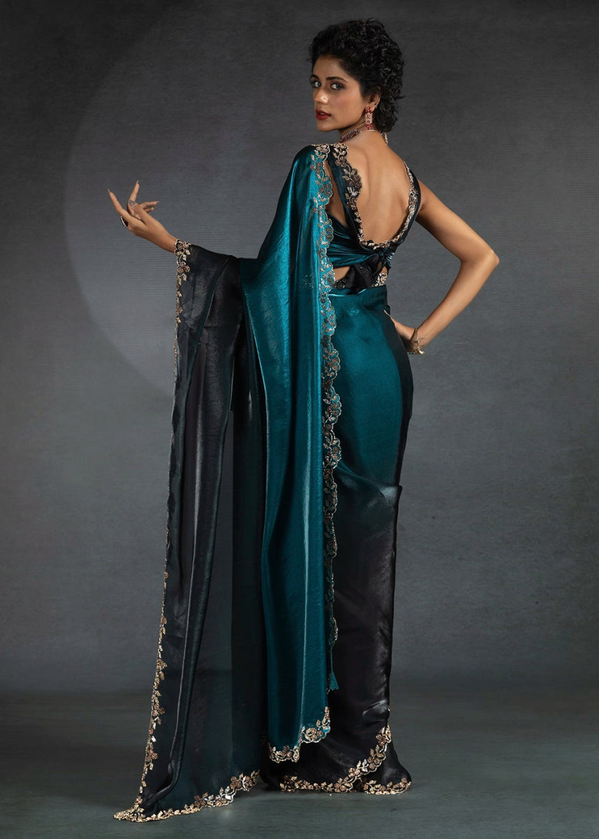 Cobalt Blue Two Tone Satin Silk Saree with Intricate Zarkan & cut work Border - House of Sarvati LLC