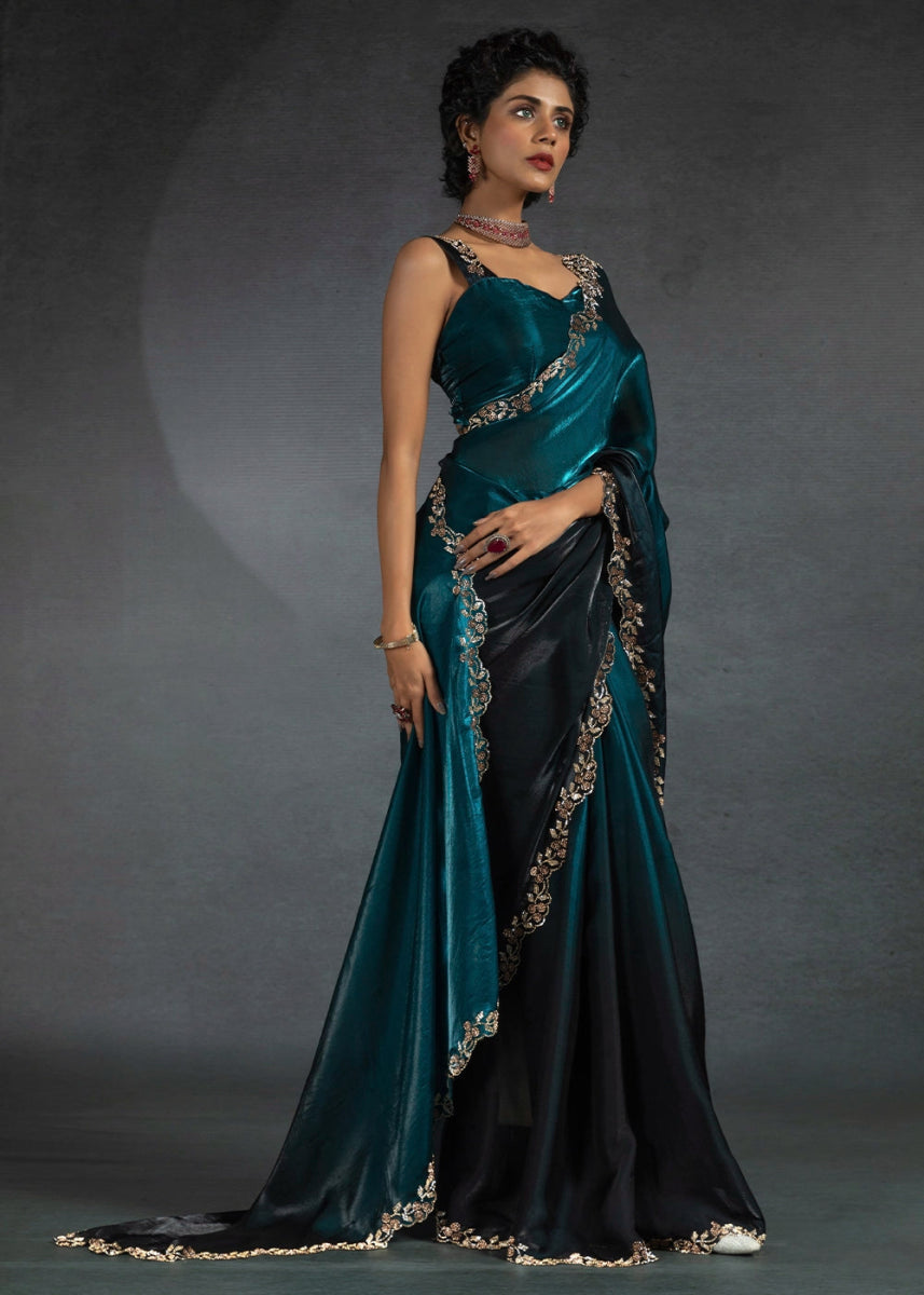 Cobalt Blue Two Tone Satin Silk Saree with Intricate Zarkan & cut work Border - House of Sarvati LLC