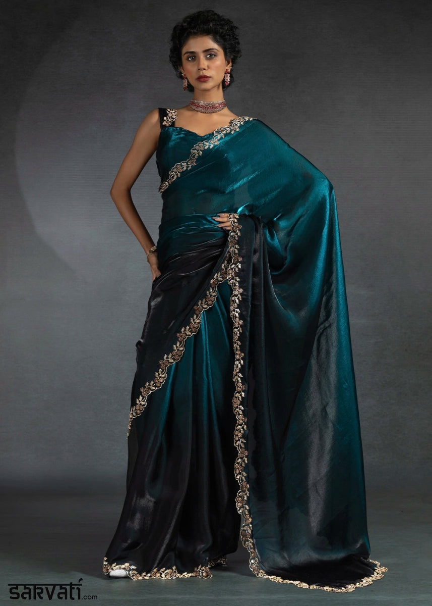 Cobalt Blue Two Tone Satin Silk Saree with Intricate Zarkan & cut work Border - House of Sarvati LLC