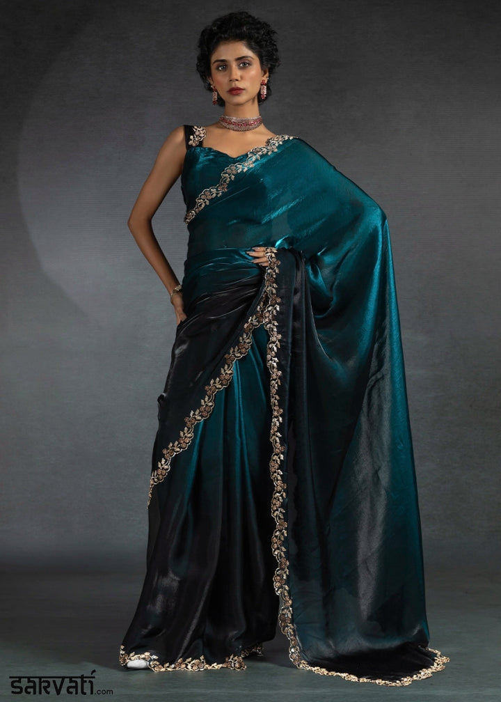 Cobalt Blue Two Tone Satin Silk Saree with Intricate Zarkan & cut work Border - House of Sarvati LLC