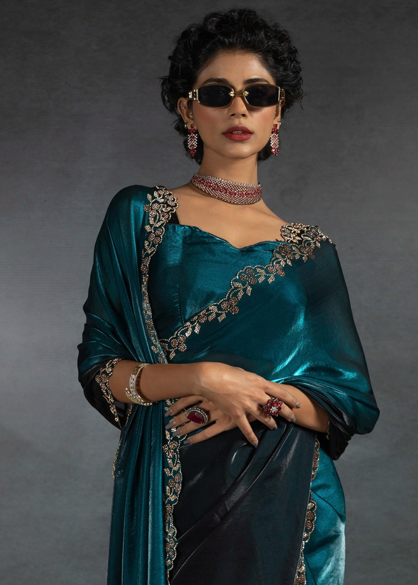 Cobalt Blue Two Tone Satin Silk Saree with Intricate Zarkan & cut work Border - House of Sarvati LLC