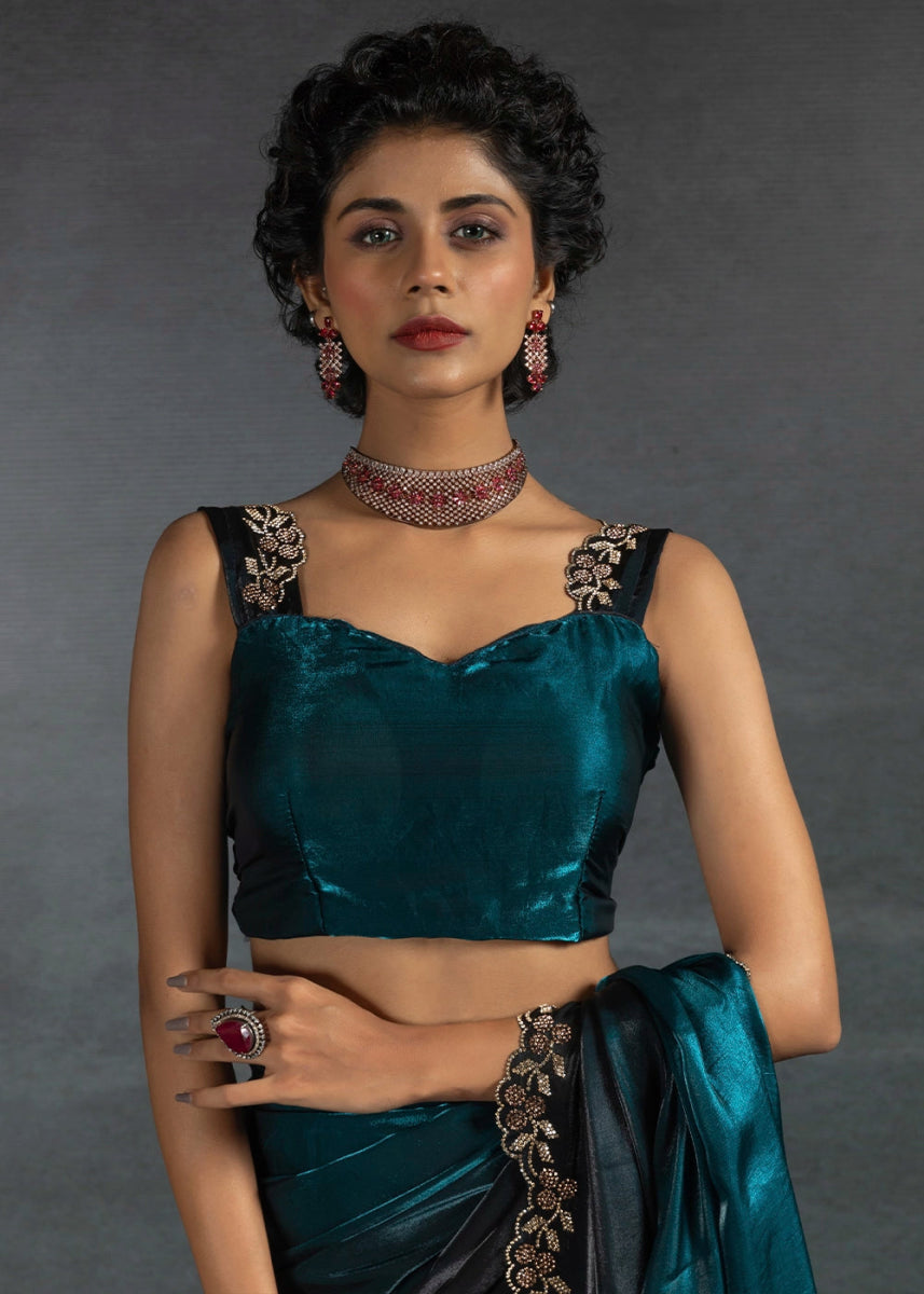 Cobalt Blue Two Tone Satin Silk Saree with Intricate Zarkan & cut work Border - House of Sarvati LLC