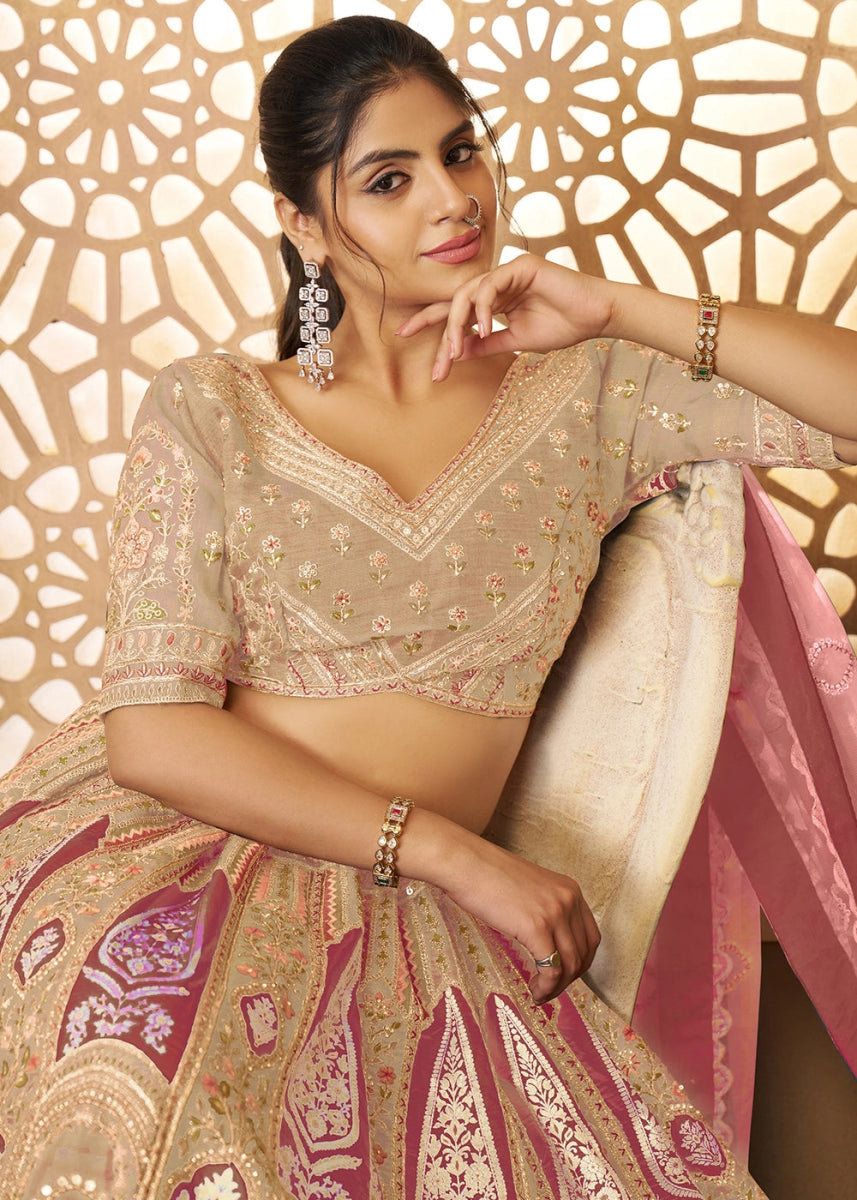 Coffee Brown Banarasi Silk Lehenga Choli Embellished With Aari Work And Floral Detailing - House of Sarvati LLC
